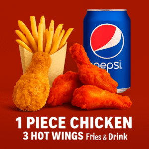1 Piece Chicken, 3 Hot Wings, Fries & Drink