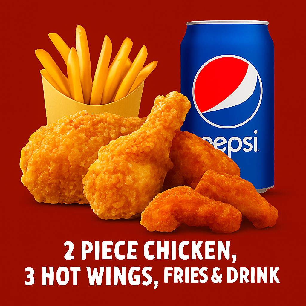 2 Pieces Chicken, 3 Hot Wings, Fries & Drink