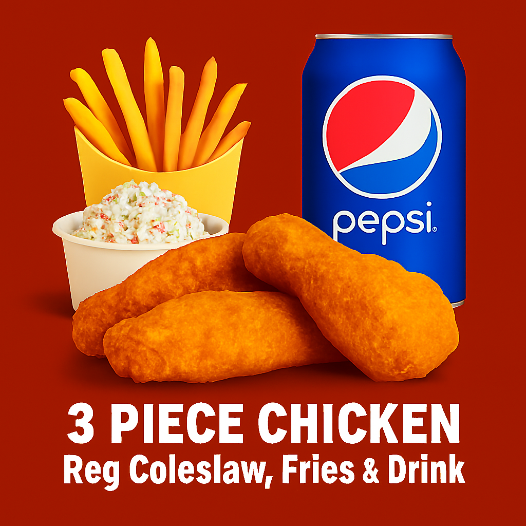 3 Pieces Chicken, Reg Coleslaw, Fries & Drink
